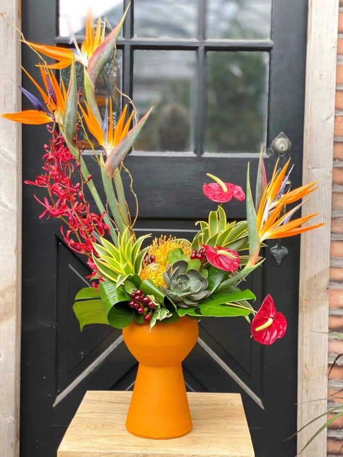 The Watering Can | A tall European style arrnagement feautring many burgundy and orange tropical flowers set in a vase shaped terracotta container.