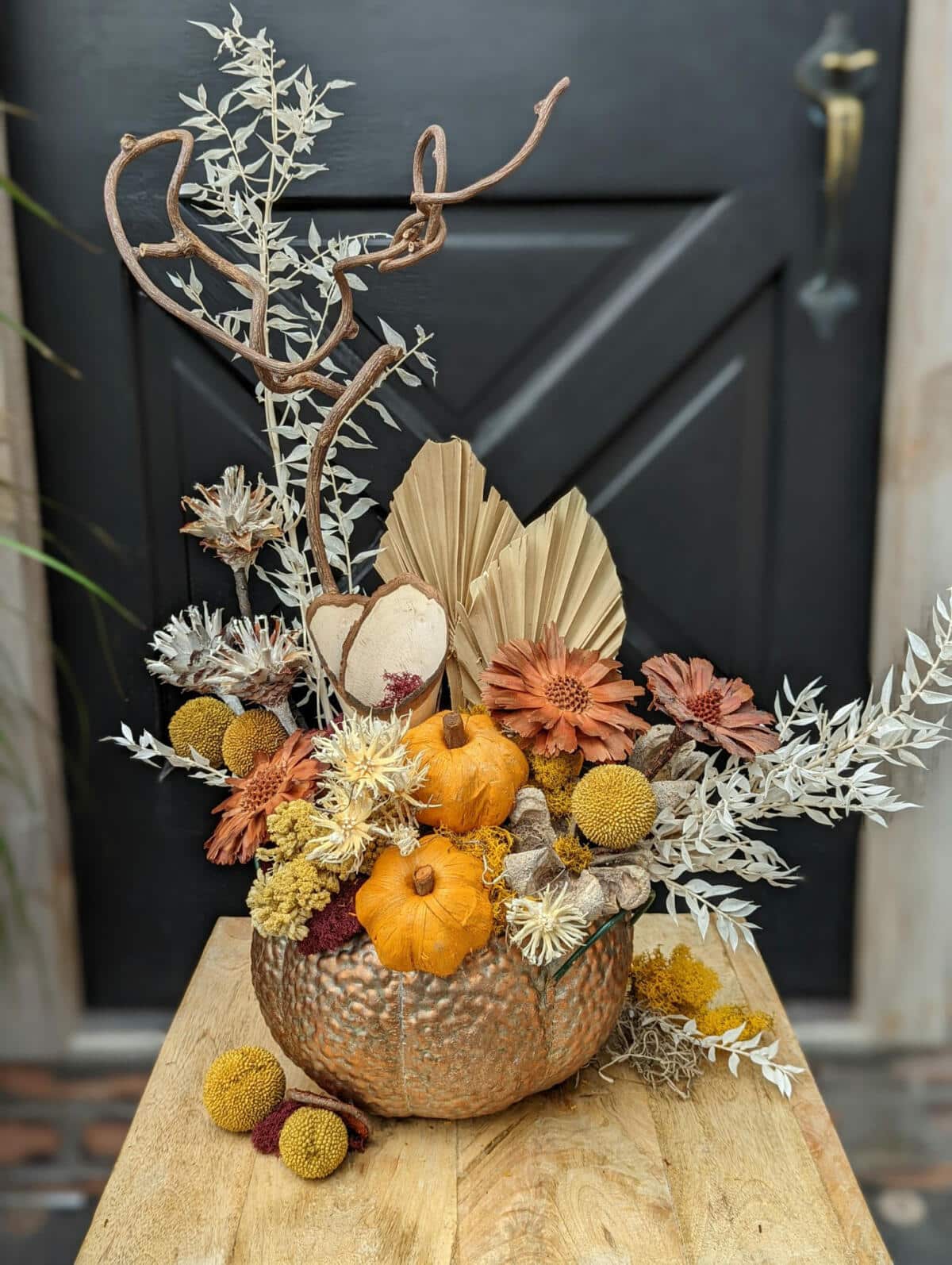Vintage Pumpkin Dried Flower Arrangement The Watering Can Flower Market