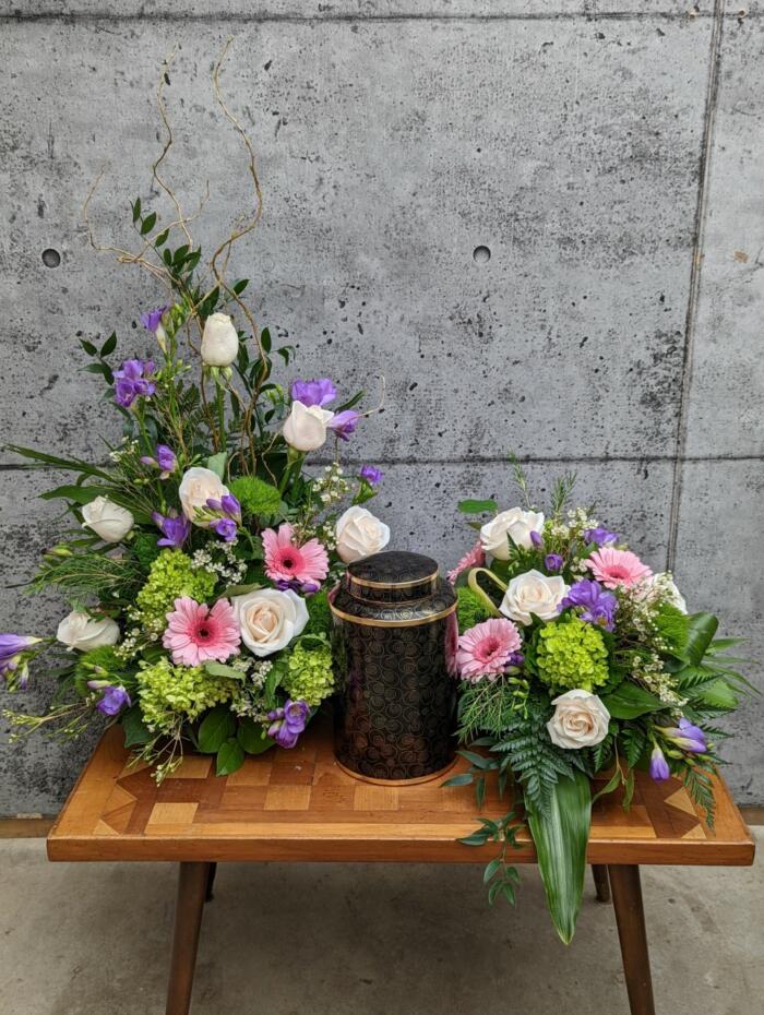 The Watering Can | A pink and purple set of cremation florals.