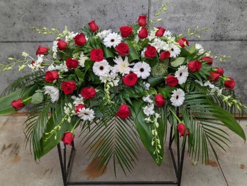 The Watering Can | A red and white casket spray made with red roses, white mums, white trachelium, white mini gerbera daisies, and white dendrobium orchids in a bed of lush greens.