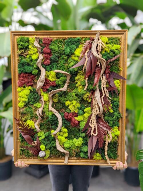 The Watering Can | Burgundy, reds, and natural wood pieces on a bed of green mosses in a golden frame.
