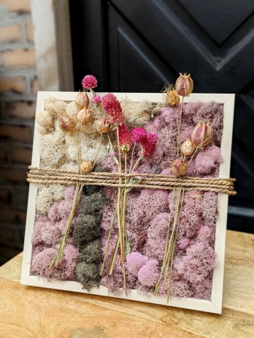 The Watering Can | A square moss art piece in pinks and neutrals. Three stems of dried florals are held above the moss by rope wrapped around the center of the frame.