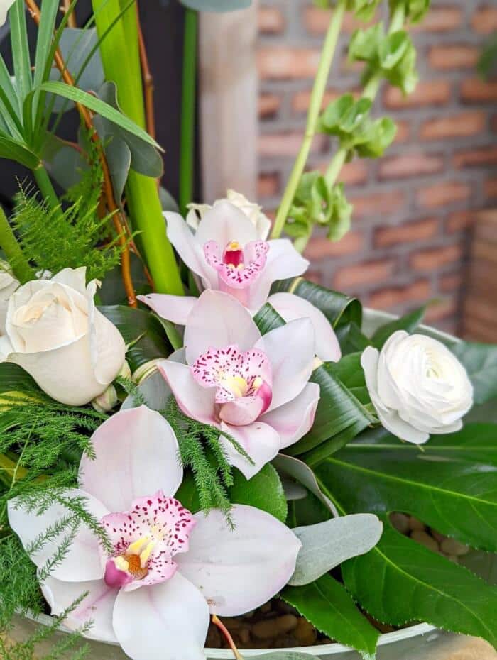 The Watering Can | Close up of the blush orchid blooms in a European style arrangement.