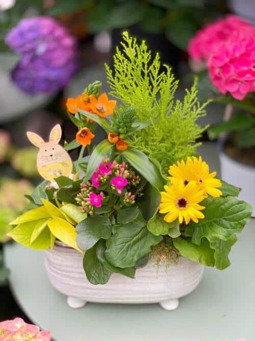 The Watering Can | A spring planter with bright yellows, pink, and orange featuring a wooden bunny pick.