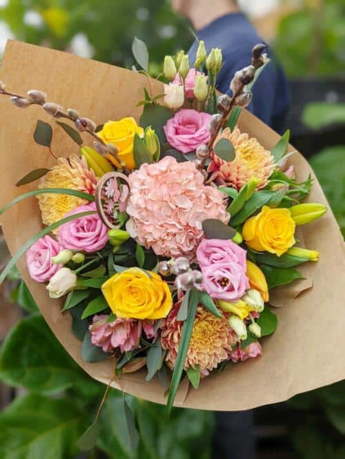 The Watering Can | A pink and yellow spring hand-tied bouquet.