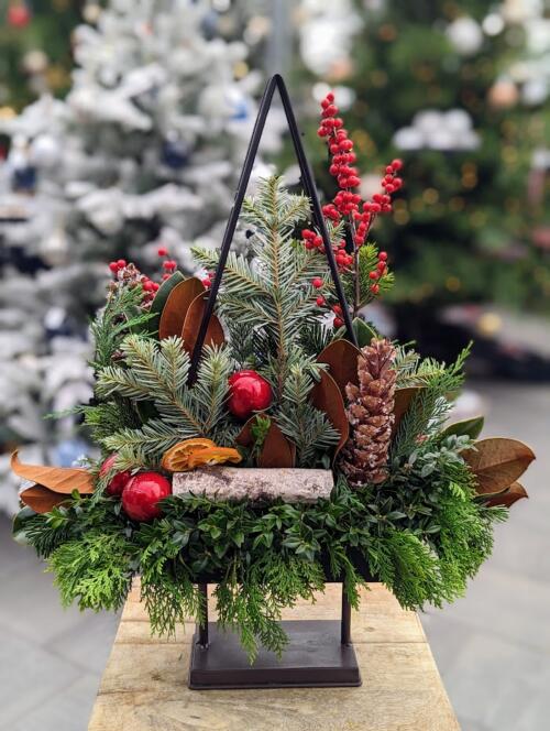 The Watering Can | A winter festive arrangement designed to look like a decorated tree in the black triangle frame of its container.