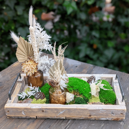 Woodland moss and dried botanical tray arrangement created at The Watering Can workshop in Vineland