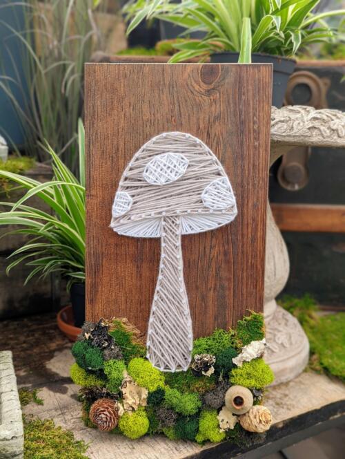 The Watering Can | This workshop features a string art mushroom surrounded by mosses on a wooden board.