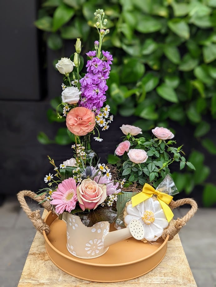 A beautiful collection of blooms in reuseable containers and a reuseable tray. Includes 1 bud vase, 1 potted fragrant mini rose, 1 European arrangement and a decorated sugar cookie. All arrangements are in pastel colours. Container colour subject to change based on availability.