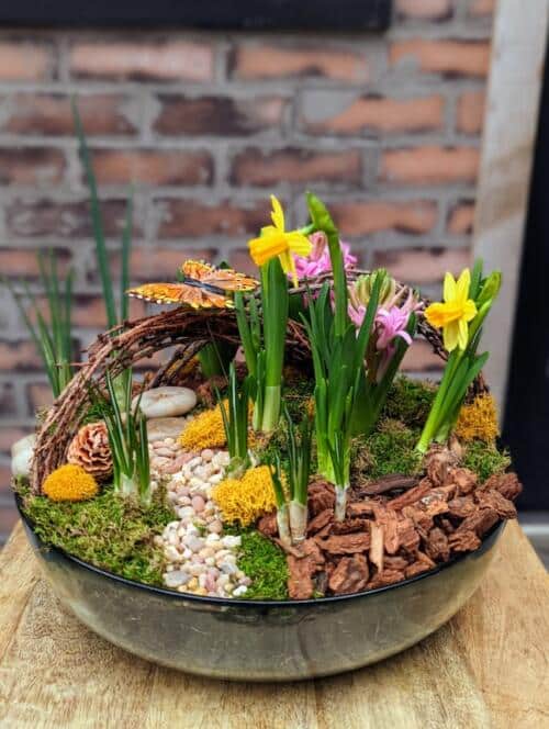 a large green glass bowl filled with bulbs and natural decor such as orchid bar, white stones in the shape of a path and large stones. bulbs include yellow daffodils, crocus and hyacinth