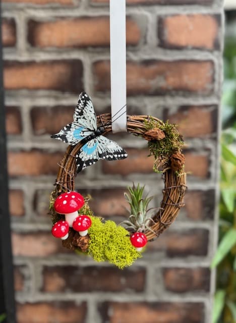 The Watering Can| This kit includes a twiggy wreath, mosses, a butterfly and mushroom decorations plus a live air plant.