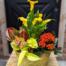 a green ceramic container filled with yellow and orange blooms. featruing a yellow calla lily, multicoloured croton, neon green pothos and orange kalanchoe .