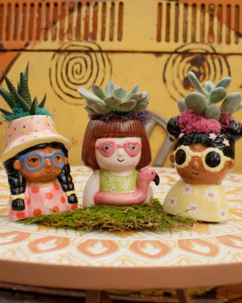 The Watering Can | This kit features a container shaped like a summer girl, a succulent, moss and soil.