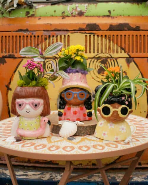 The Watering Can | This kit features your choice of 3 pots, each shaped like a summer themed girl and comes with 2 plants, moss and soil.
