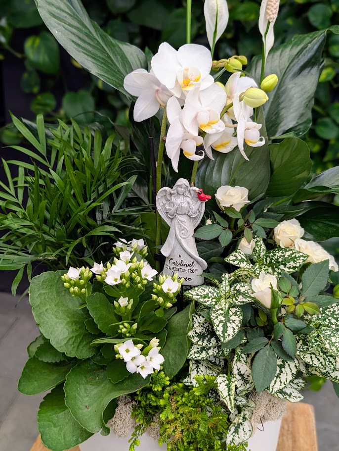 A white sympathy garden arrangement with a peace lily, orchids, and mixed tropical plants with a small cardinal angel figurine