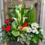 A planted Gentle Harmony arrangement in a woven charcoal basket with white calla lilies, red mini roses, white kalanchoe, and lush green foliage, accented by a small red cardinal.