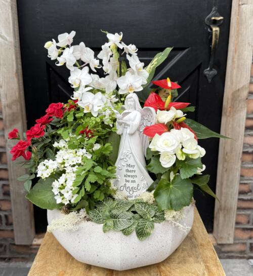 The Angel's Embrace sympathy planter in a large white bowl, with a keepsake angel figurine surrounded by white orchids, red and white anthuriums, white begonias, red blooms and lush greenery, on a wood stand.