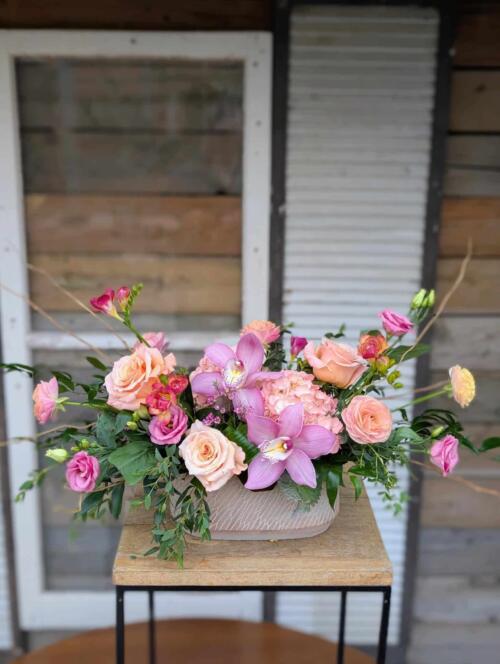 Full view of the Morning Sunrise floral arrangement in warm golden and peach tones