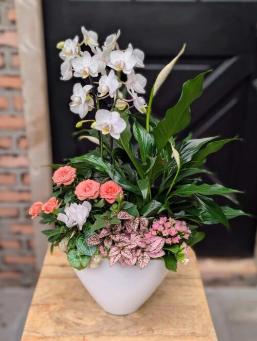 A second view of the Lily Lullaby arrangement from The Watering Can, showing the full profile of its white calla lilies and layered tropical foliage.