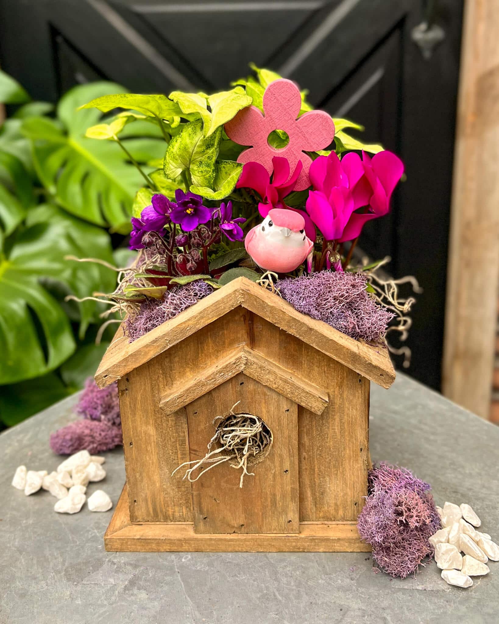 A whimsical wooden birdhouse planter filled with pink cyclamen, purple blooms, and lush tropical foliage, accented with a ceramic bird figurine and dried purple moss at The Watering Can Flower Market.