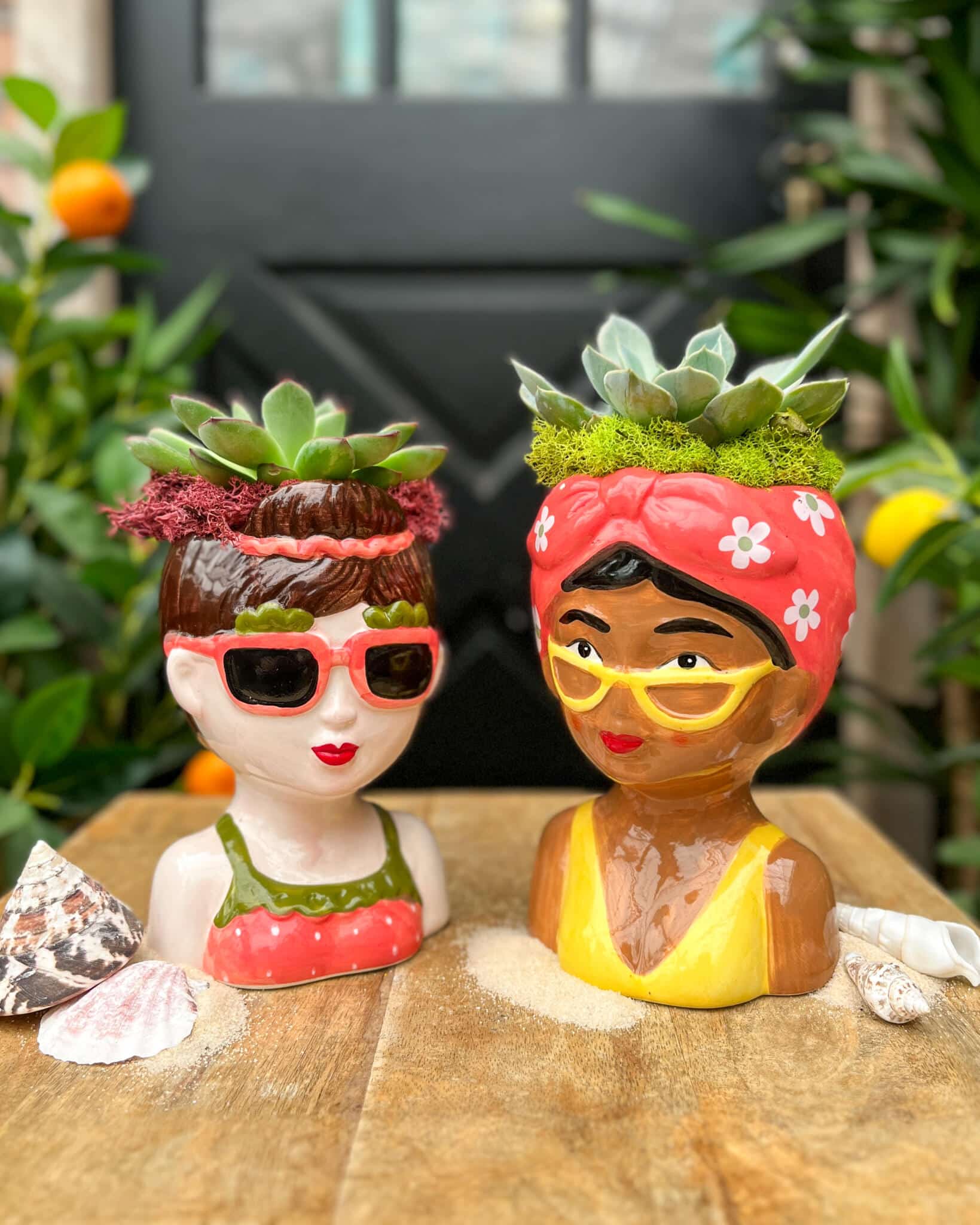 Two ceramic lady-head bust planters side by side, one with sunglasses, the other with a floral headscarf, both planted with echeveria succulents and styled with seashells.