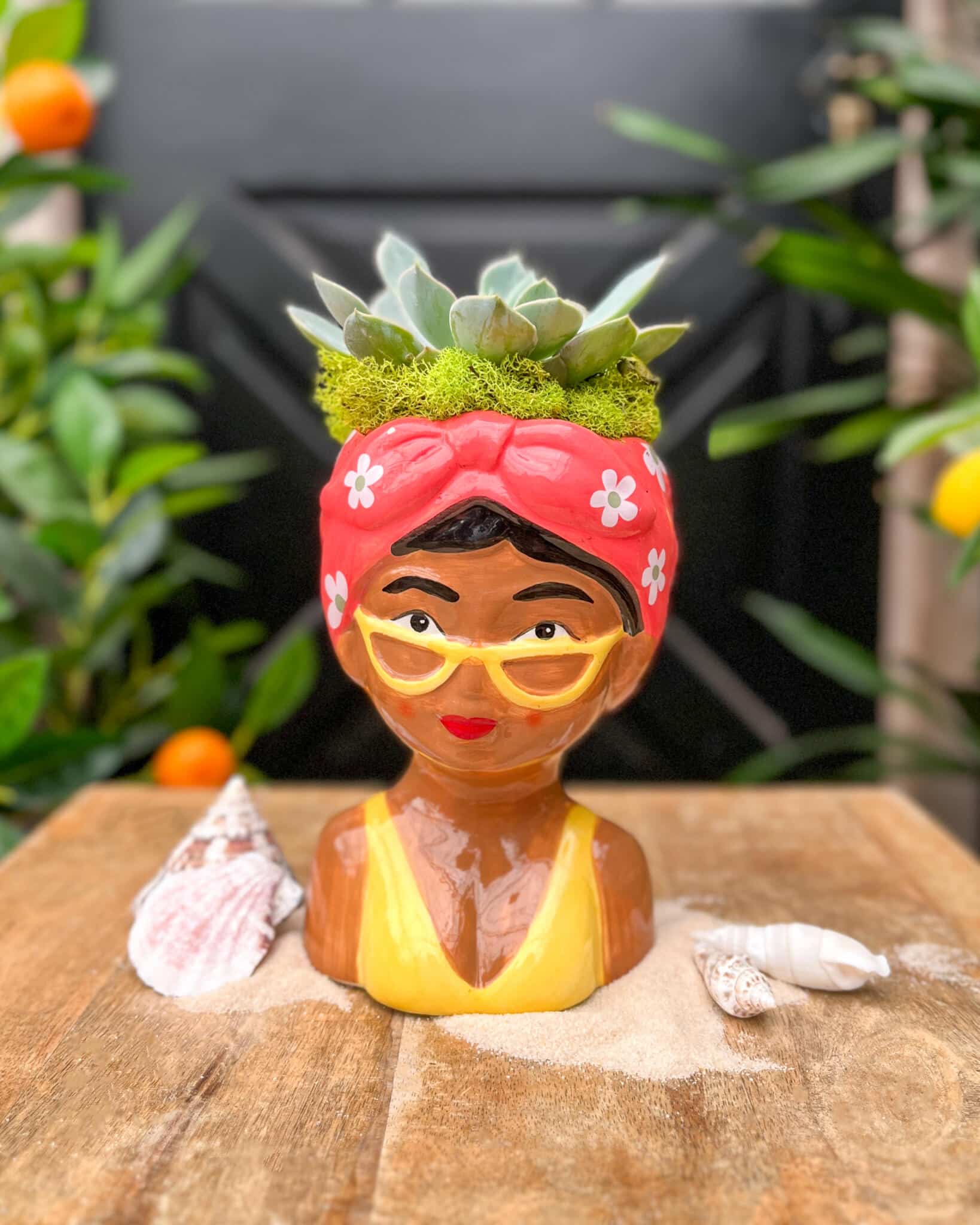Front view of a ceramic lady-head planter with a pink floral headscarf and yellow glasses, planted with echeveria succulents and moss.