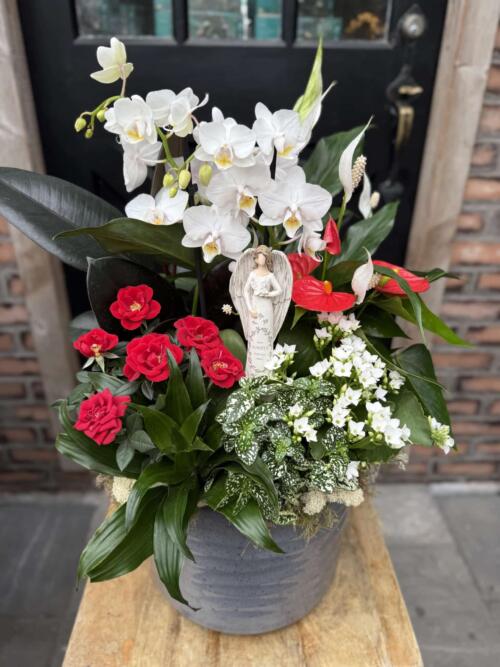 A sympathy planter in a grey ceramic pot with white orchids, a peace lily, red anthurium, red and white flowering plants, and a standing angel figurine.
