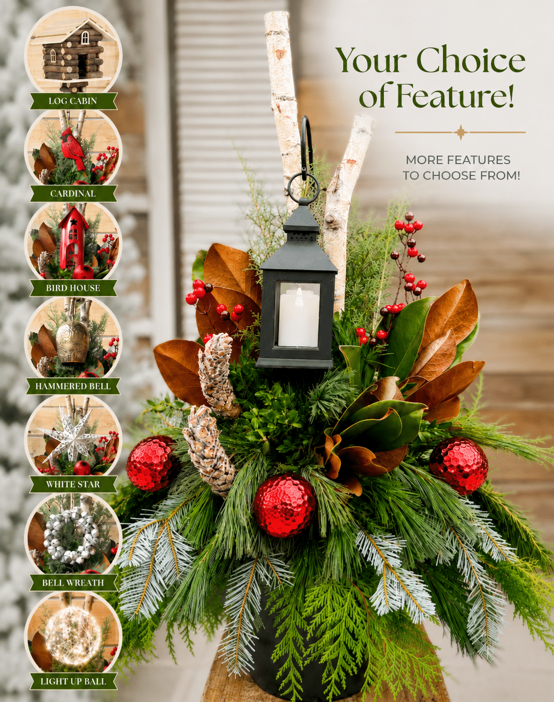 A promotional graphic of a winter evergreen urn featuring a black candle lantern, birch logs, magnolia leaves, and red ornaments, with a sidebar of feature choices.