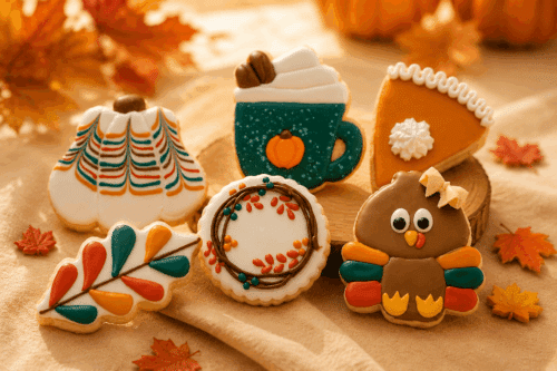 A collection of fall royal-icing sugar cookies including a pumpkin, pumpkin-spice latte, pie slice, autumn leaf, berry wreath and turkey, styled with autumn leaves and mini pumpkins.